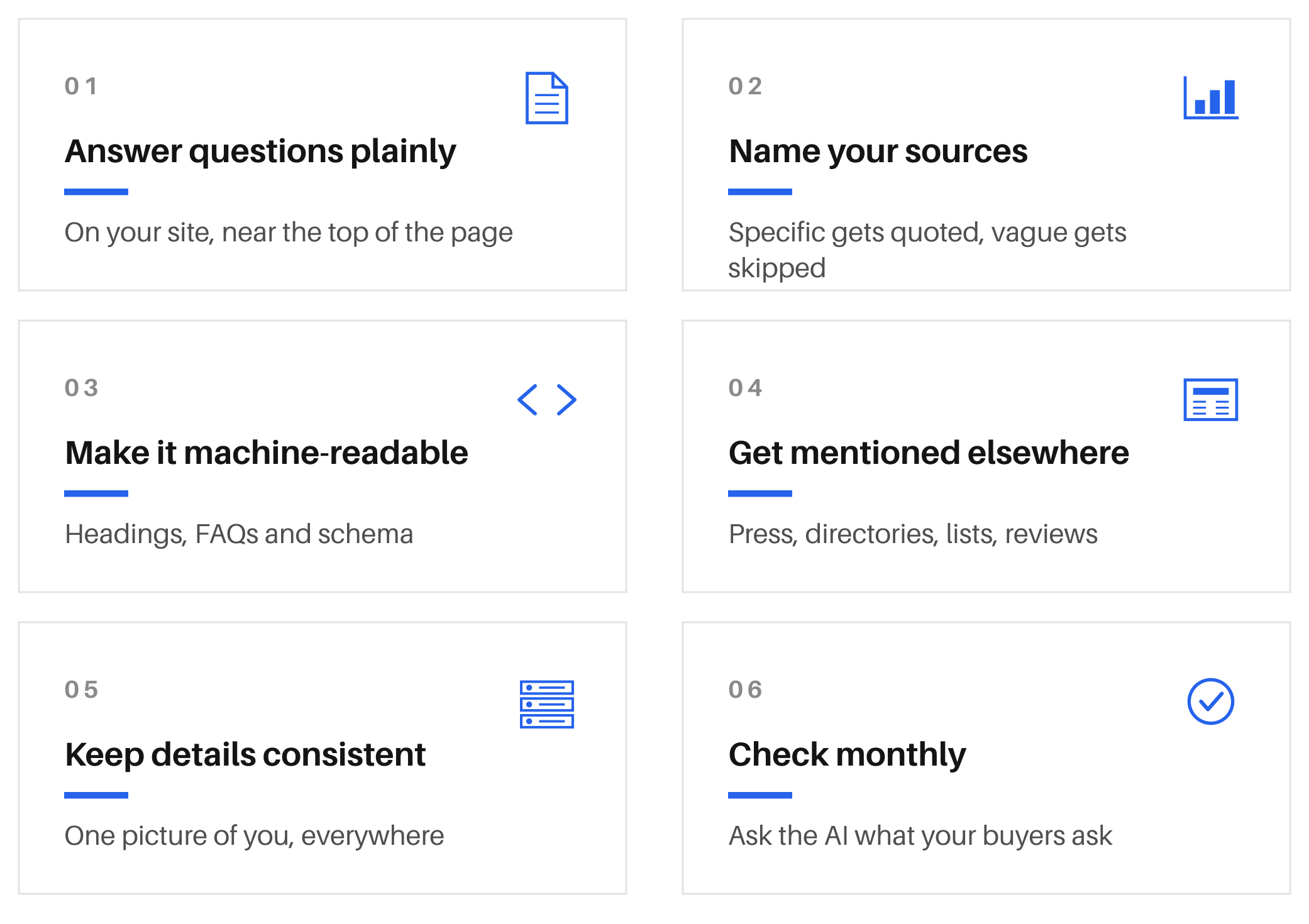 How to get named: answer questions plainly, name your sources, make it machine-readable, get mentioned elsewhere, keep details consistent, check monthly
